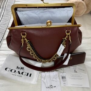 COACH Large Kisslock Frame Bag, Wallet, Bag Chain NEW W/TAGS Dark Brown CBR51